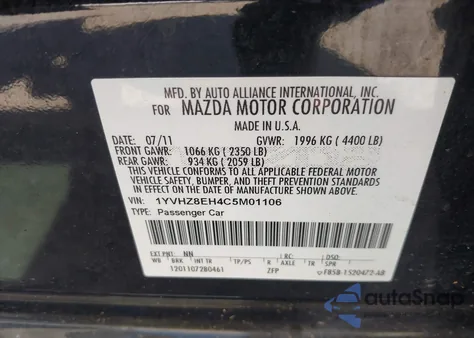 2012 Mazda Mazda6 I Touring Plus from USA, damaged, VIN 1YVHZ8EH4C5M01106